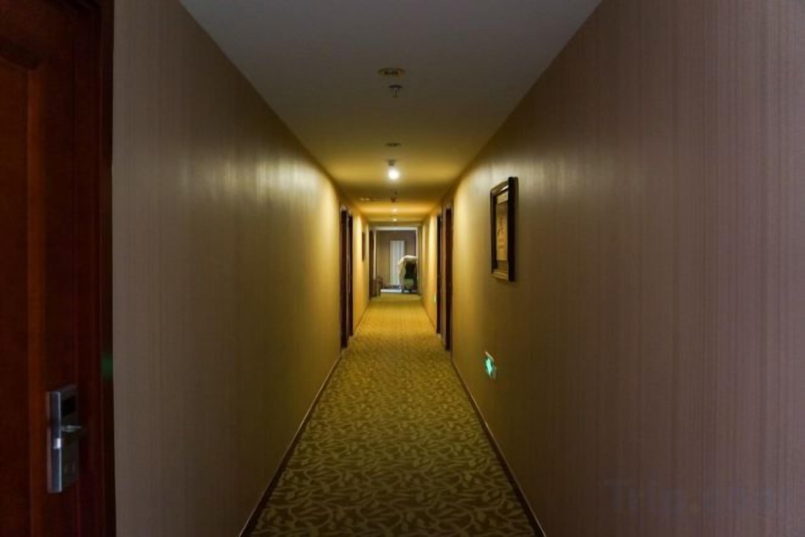 Un pasillo de hotel con piso alfombrado, puertas de madera y cuadros en las paredes.
