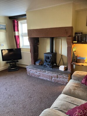 TV, fireplace, DVD player, books - Ghyll Foot Cottage in Ainstable, Eden Valley, Cumbria (Carlisle)