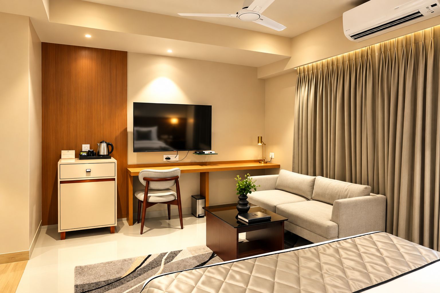 Une chambre d’hôtel moderne équipée d’une télévision à écran plat, d’un bureau, d’un canapé et d’un lit.