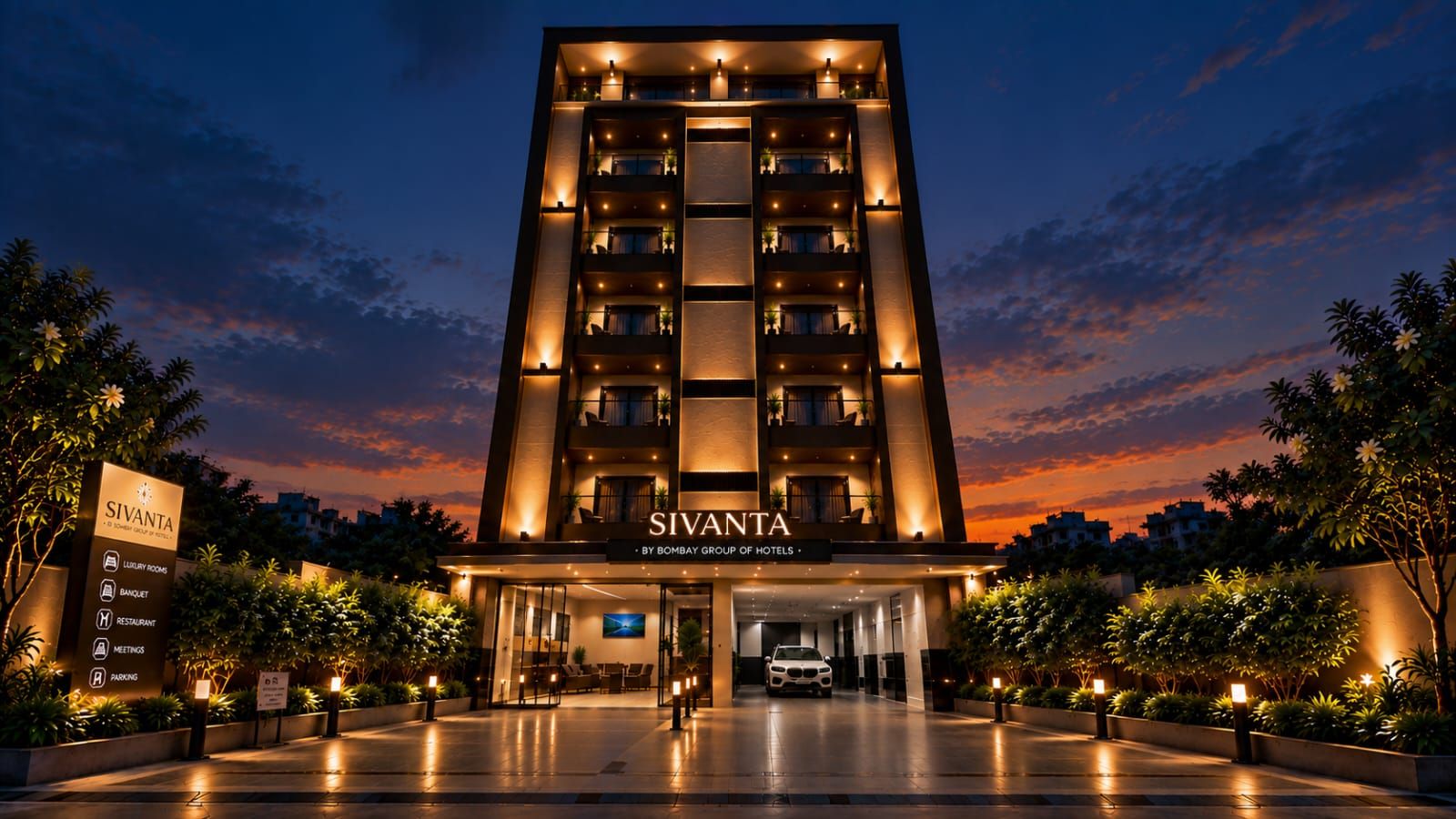 A multi-story hotel with a sign indicating luxury rooms, a banquet, a restaurant, meetings, and parking.