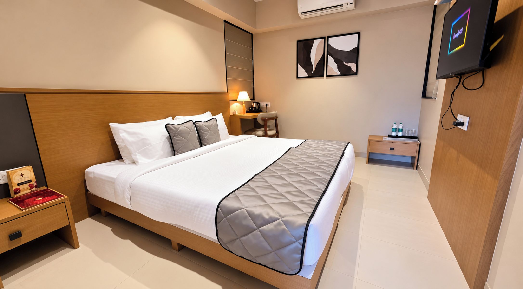 Una habitación de hotel con una cama, mesita de noche, lámpara y televisor fijado a la pared.