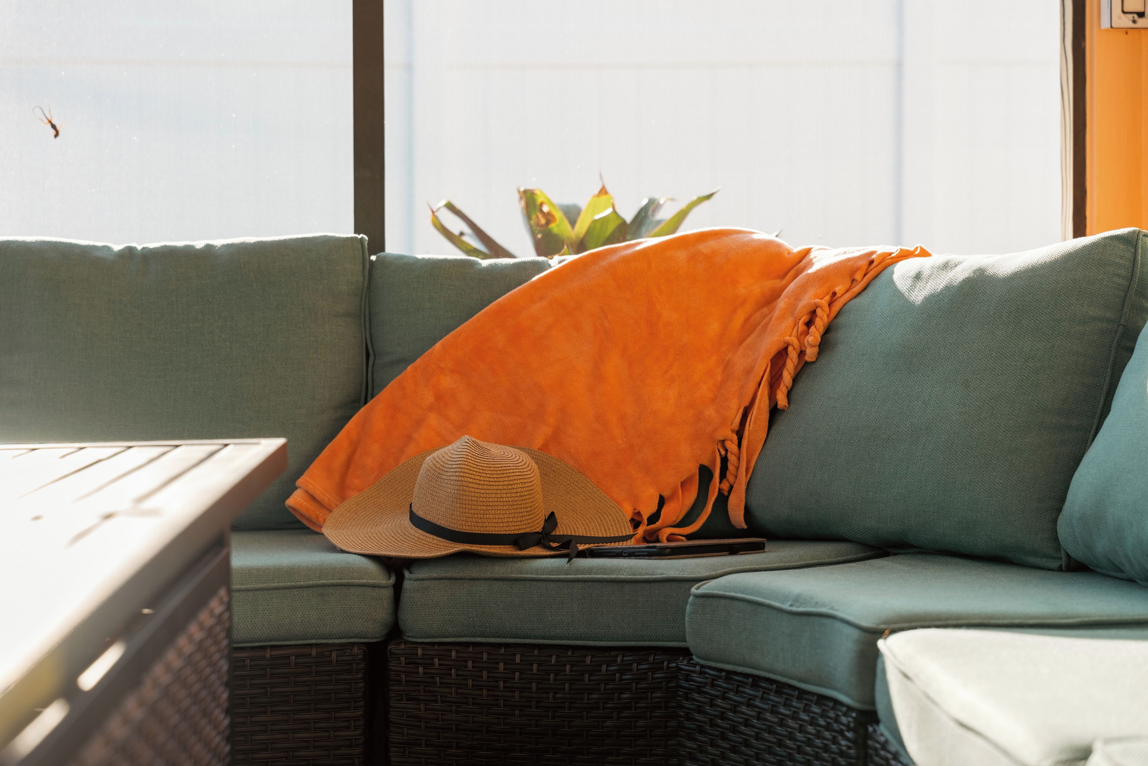 Eine Raumecke mit einem grünen Sofa, einem Korbwäscher und einem Tisch mit einem Laptop.