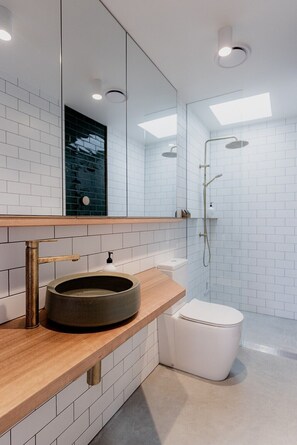 Shower, hair dryer, towels, shampoo