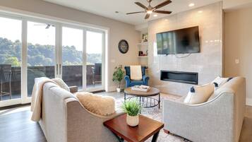 TV, fireplace, books