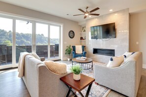 TV, fireplace, books