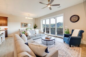 TV, fireplace, books