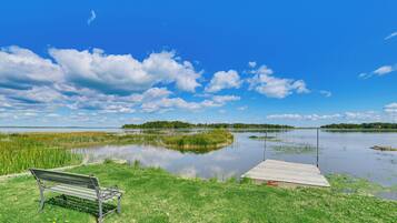 A bench by a calm lake with a wooden dock, surrounded by grassy areas and trees.