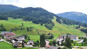 A rural village with houses and a road, surrounded by green hills and a forested mountain.