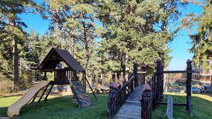 A playground with a slide, climbing wall, and a wooden bridge.
