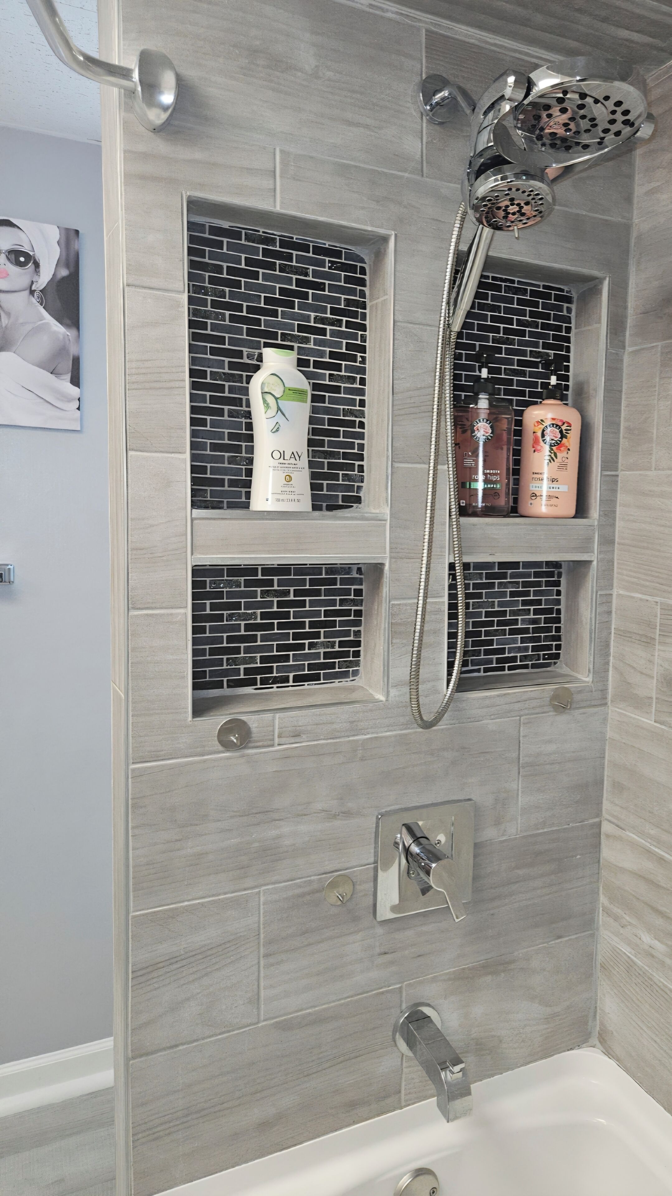 Hair dryer, towels, soap, shampoo