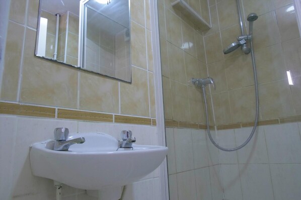 A bathroom with a white sink, a mirror, and a shower with a hose.