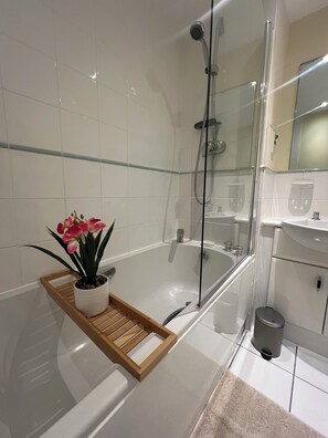 Hair dryer, towels, soap, shampoo