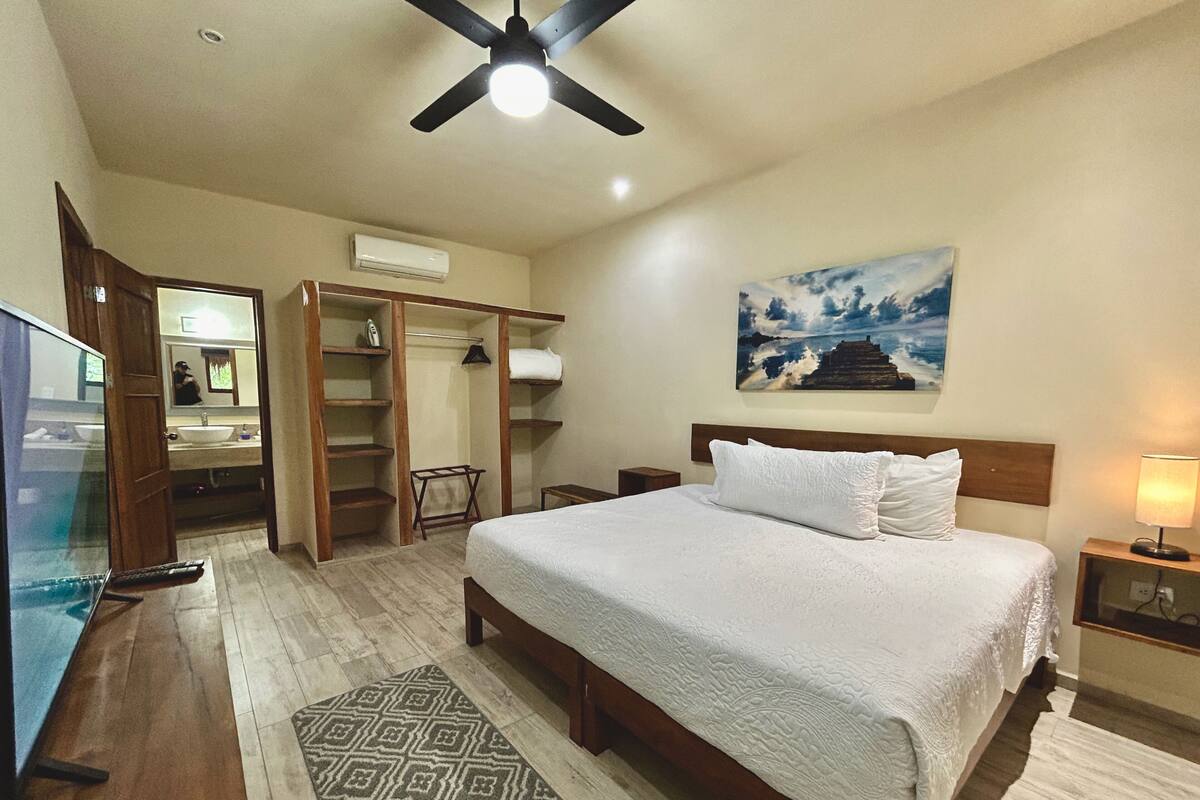 A bedroom with a bed, a ceiling fan, a painting, a TV, and a walk-in closet.