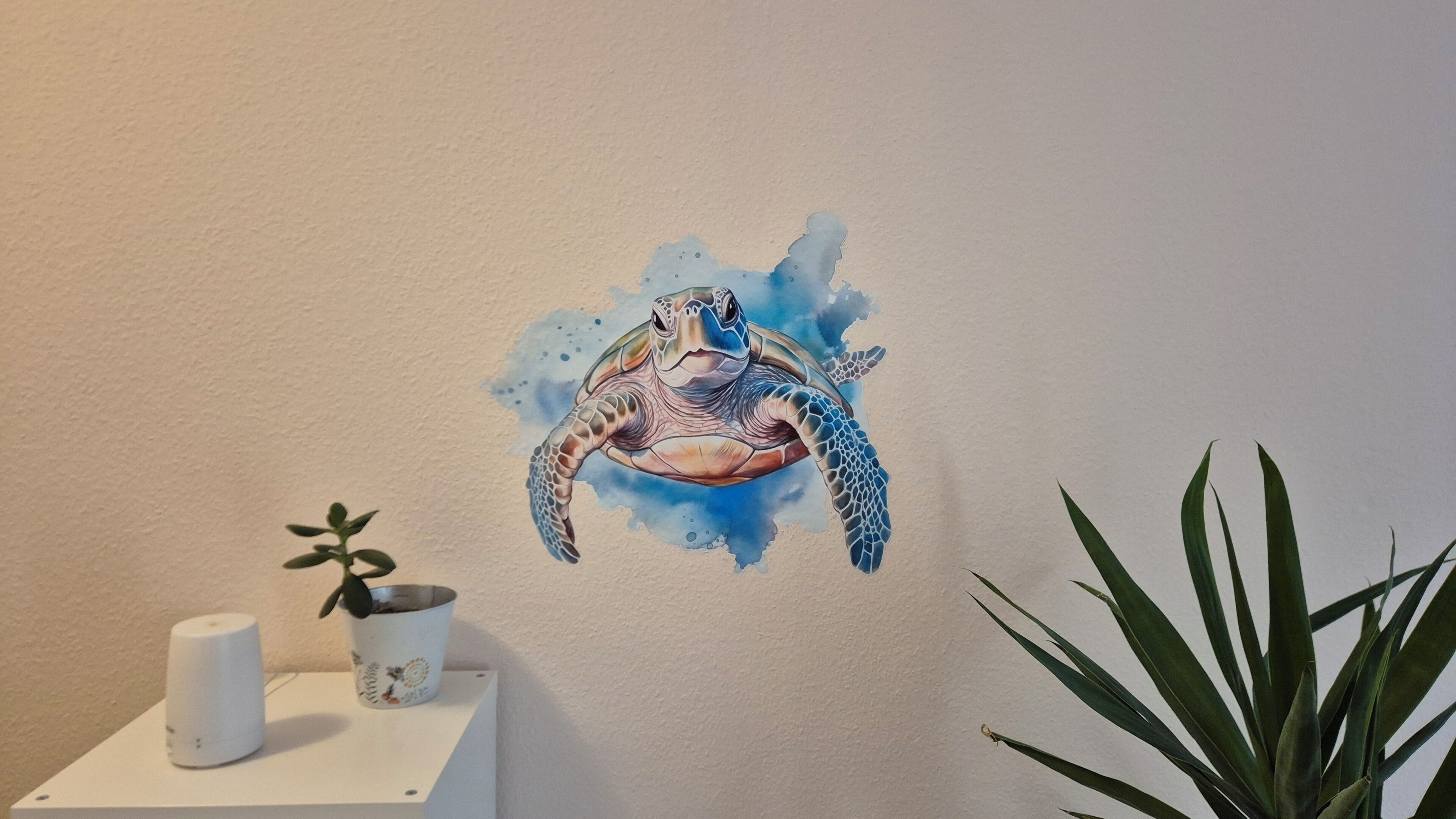 A wall with a turtle illustration, a small potted plant, and a white box with a cylindrical object on it.