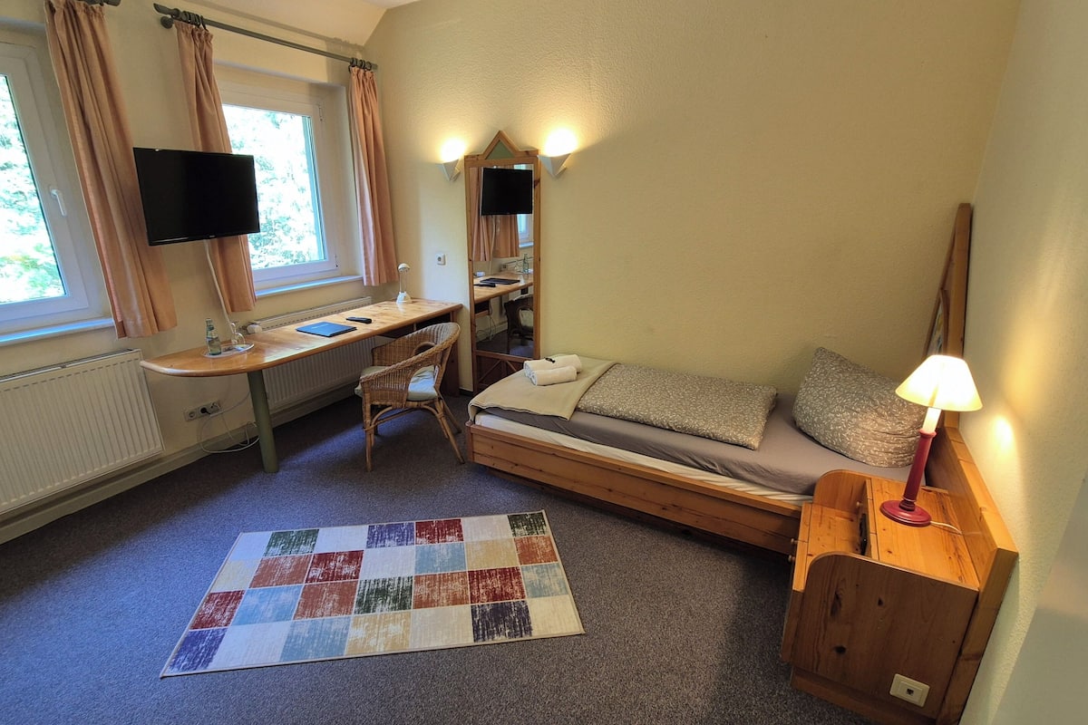 A compact room with a bed, a desk, a chair, a TV, and a lamp.
