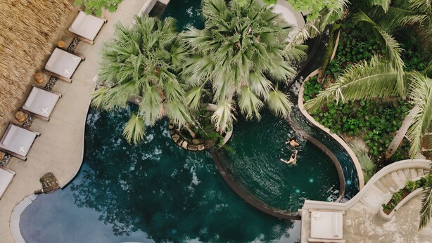 An aerial view of a pool surrounded by palm trees and lounge chairs. - Esh Hotel and Spa, a Member of Design Hotels (Nosara)