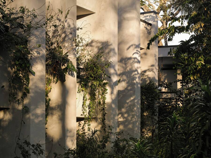 A building with vertical columns and dense foliage.