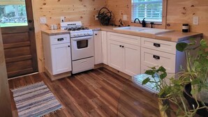 A compact kitchen with wooden walls, a stove, a sink, and cabinets.