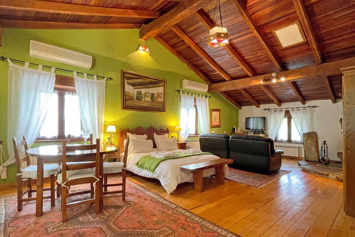 A cozy room with a bed, a sofa, a dining table with chairs, and a TV.