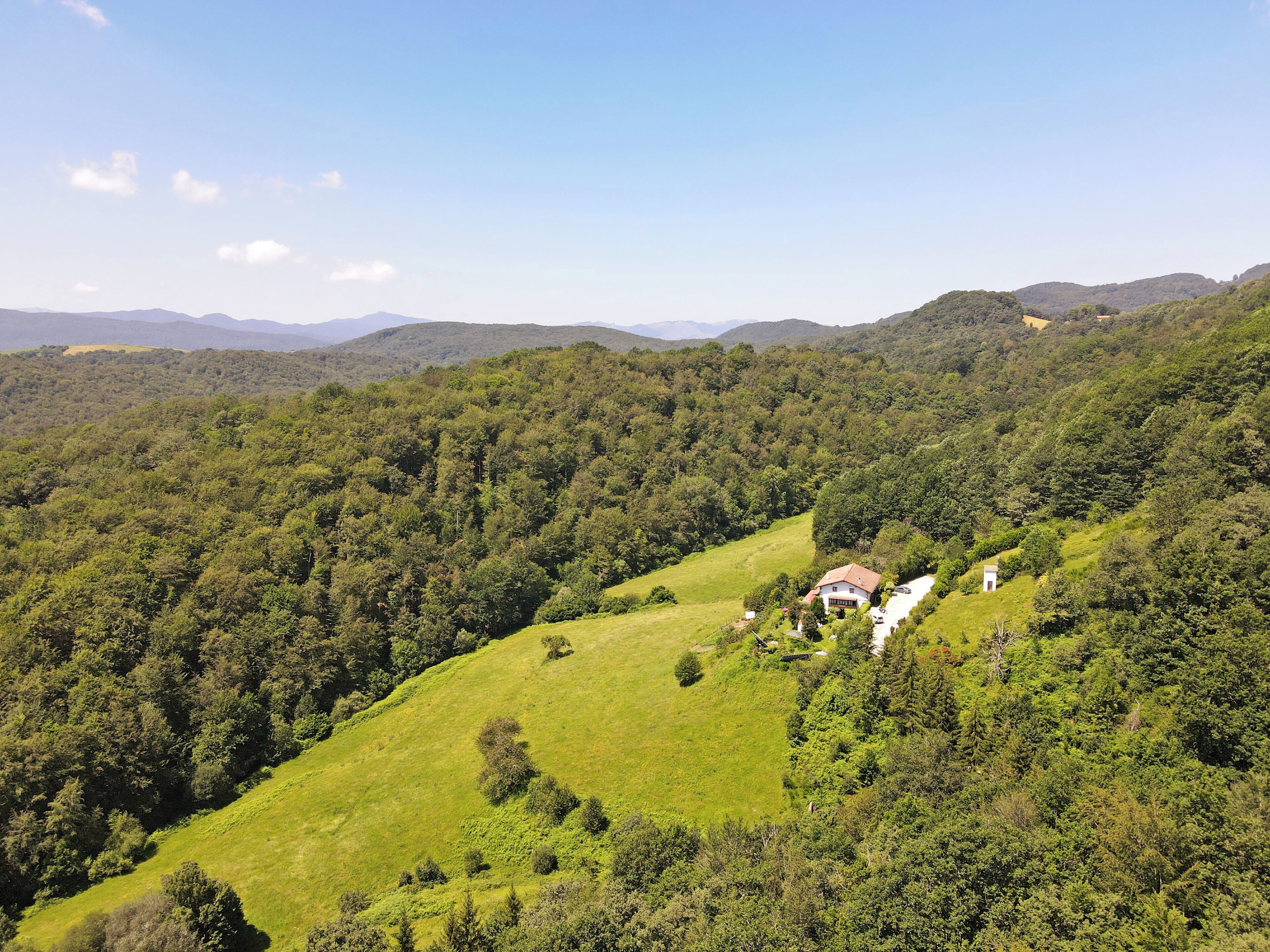 Ländliche Landschaft mit einem Haus, umgeben von dichtem Wald und sanften Hügeln.