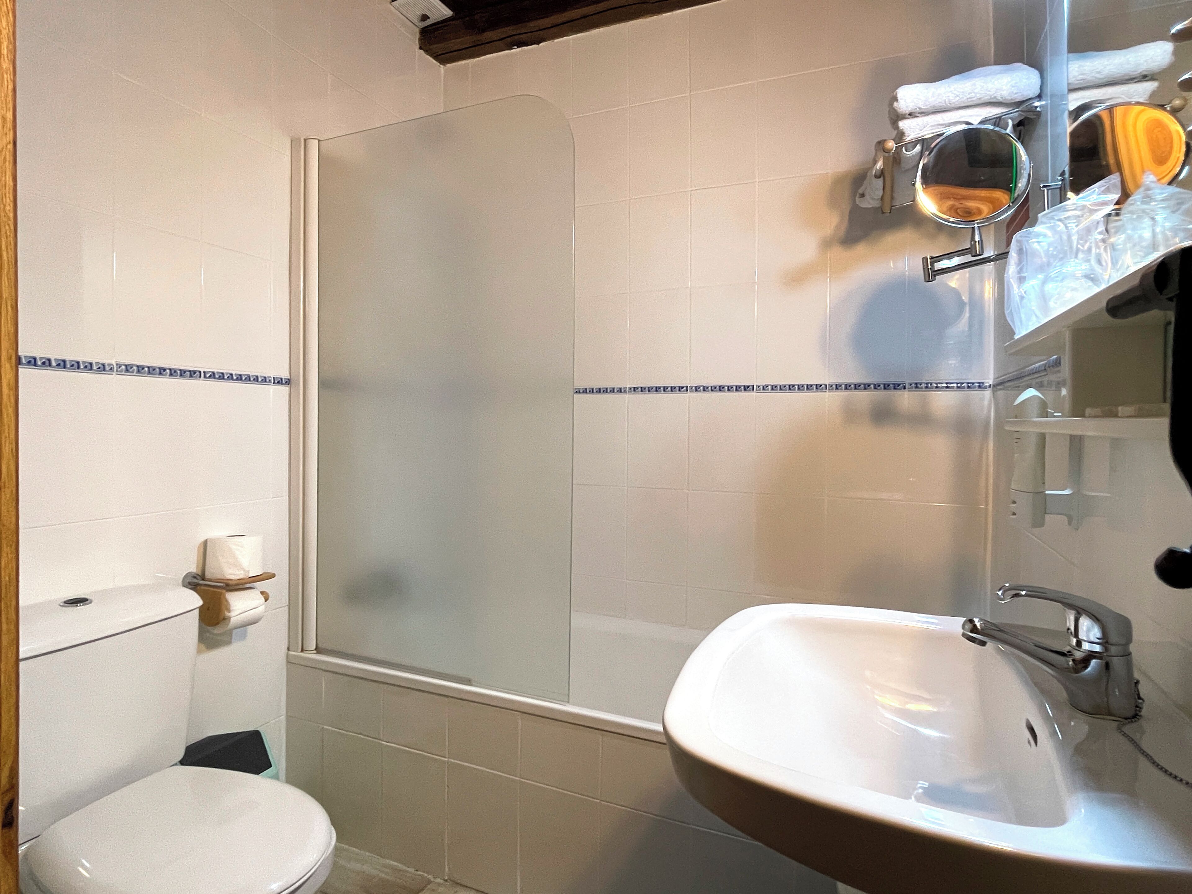 A bathroom with a toilet, sink, and a shower enclosure.
