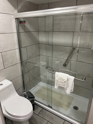 Douche, sèche-cheveux, serviettes fournies, savon