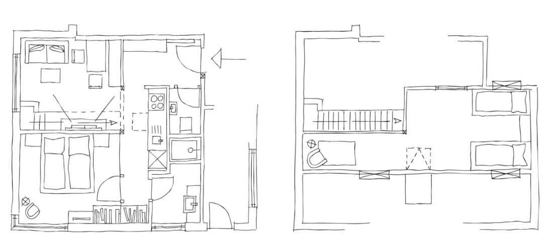 A floor plan of a hotel room with a kitchenette, a bathroom, and a seating area.