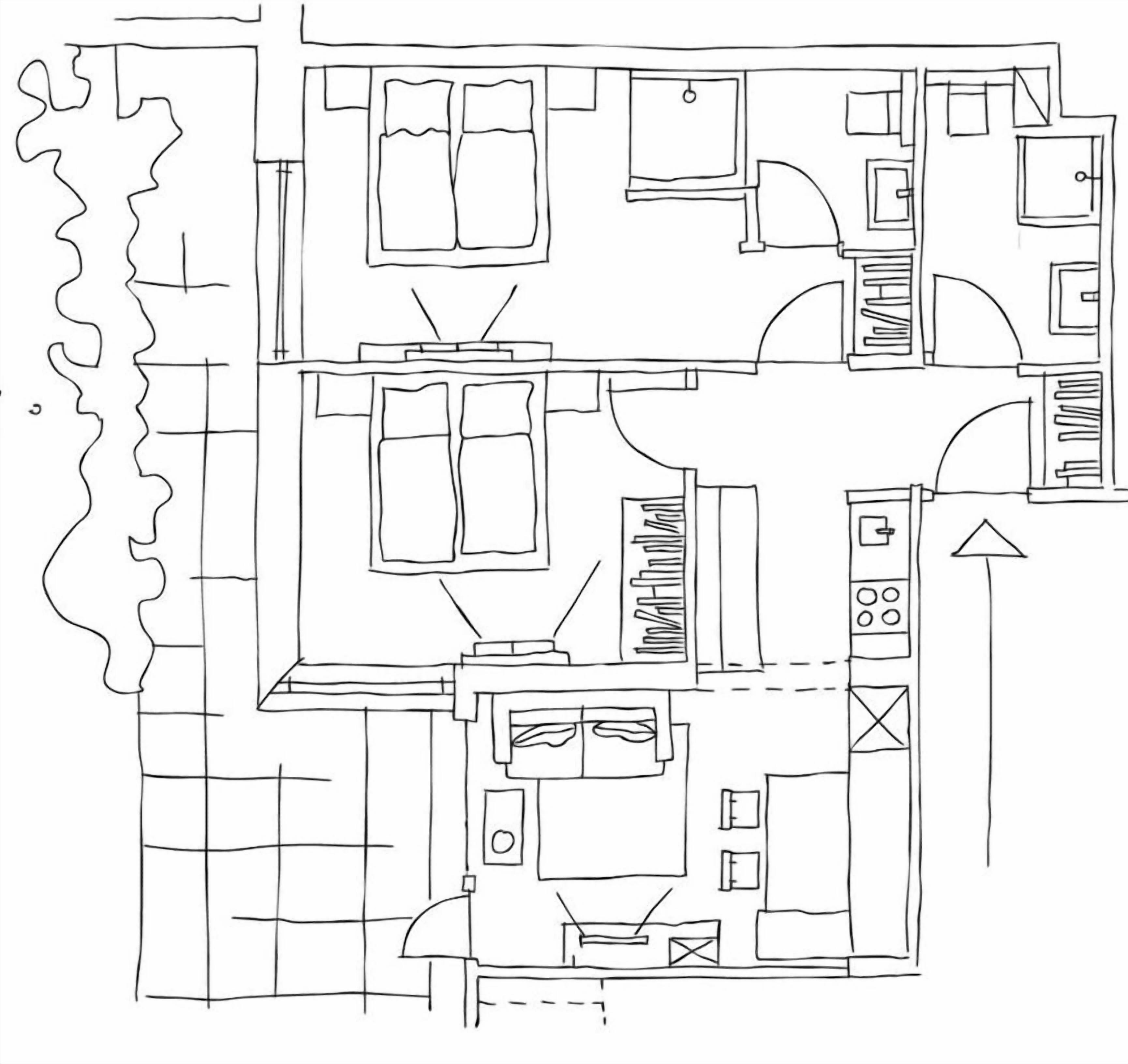 A floor plan with a kitchen, dining area, two bedrooms, and a bathroom.