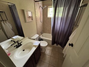 Hair dryer, towels, soap, toilet paper