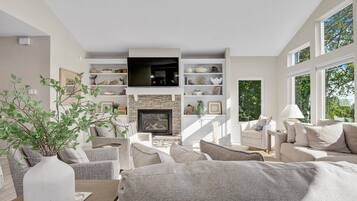 Smart TV, chimenea y libros