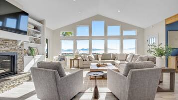 Smart TV, fireplace, books