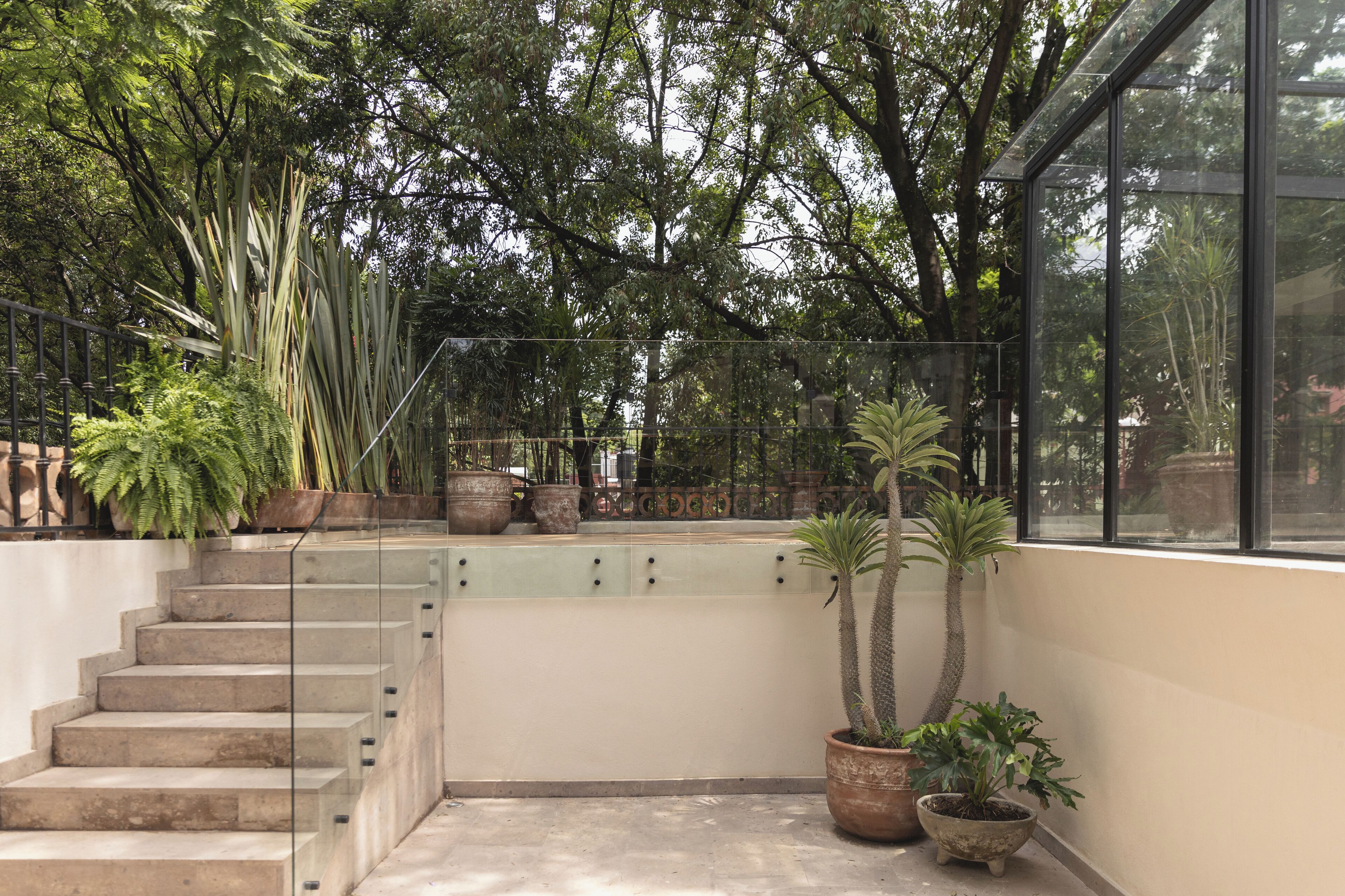 A staircase leading to a balcony with potted plants and a glass railing.