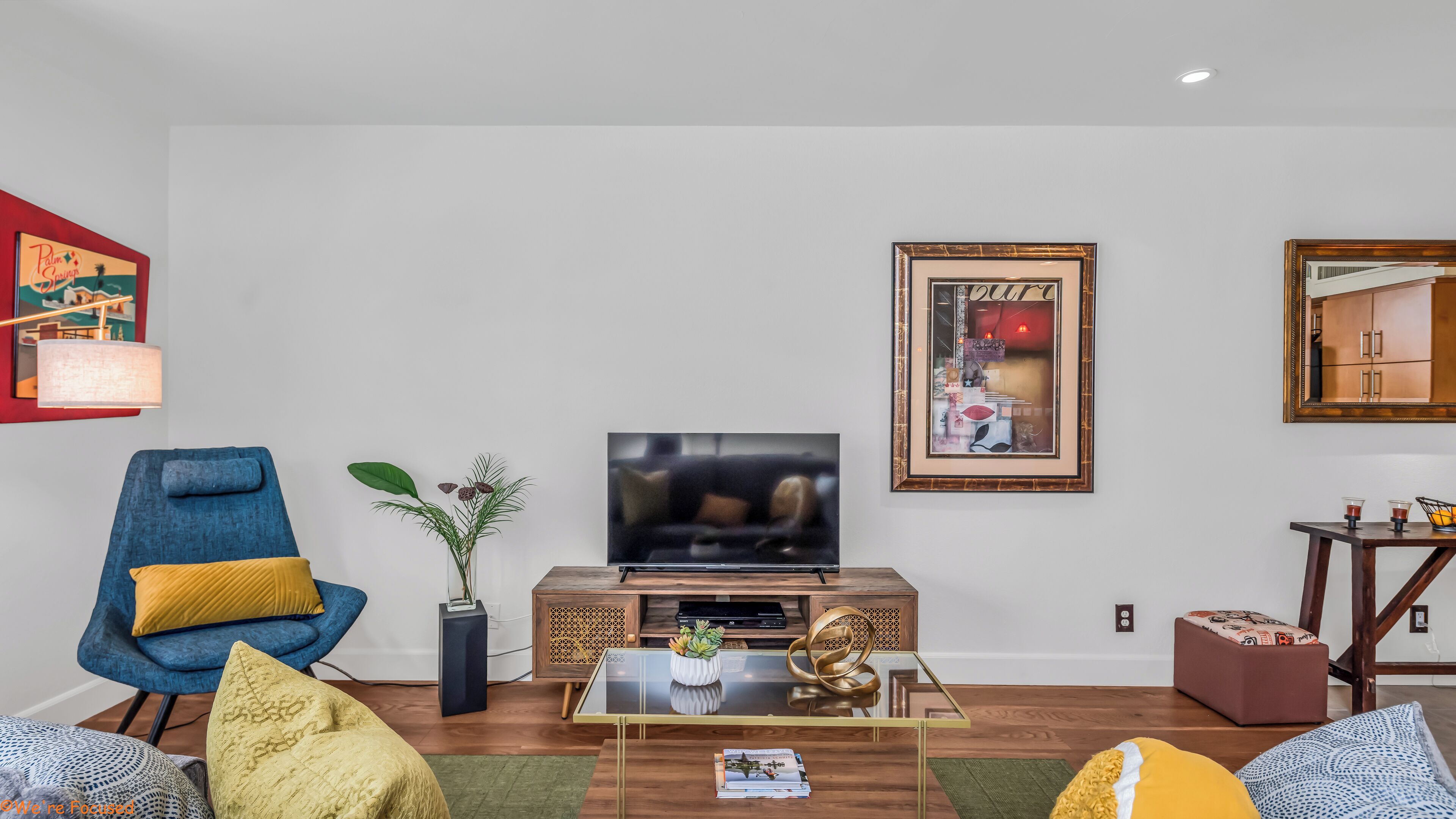 A living room with a TV, a framed picture, a plant, and a coffee table.