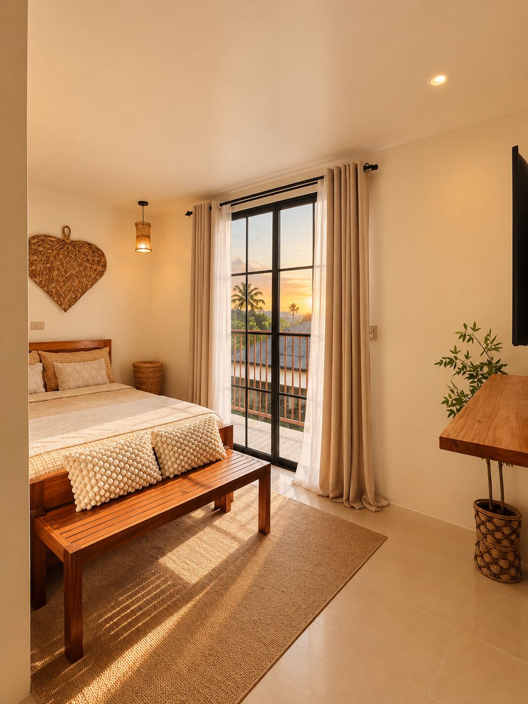 A bedroom with a bed, a bench, a bedside table, a wall-mounted light fixture, a large window with curtains, and a view of palm trees.