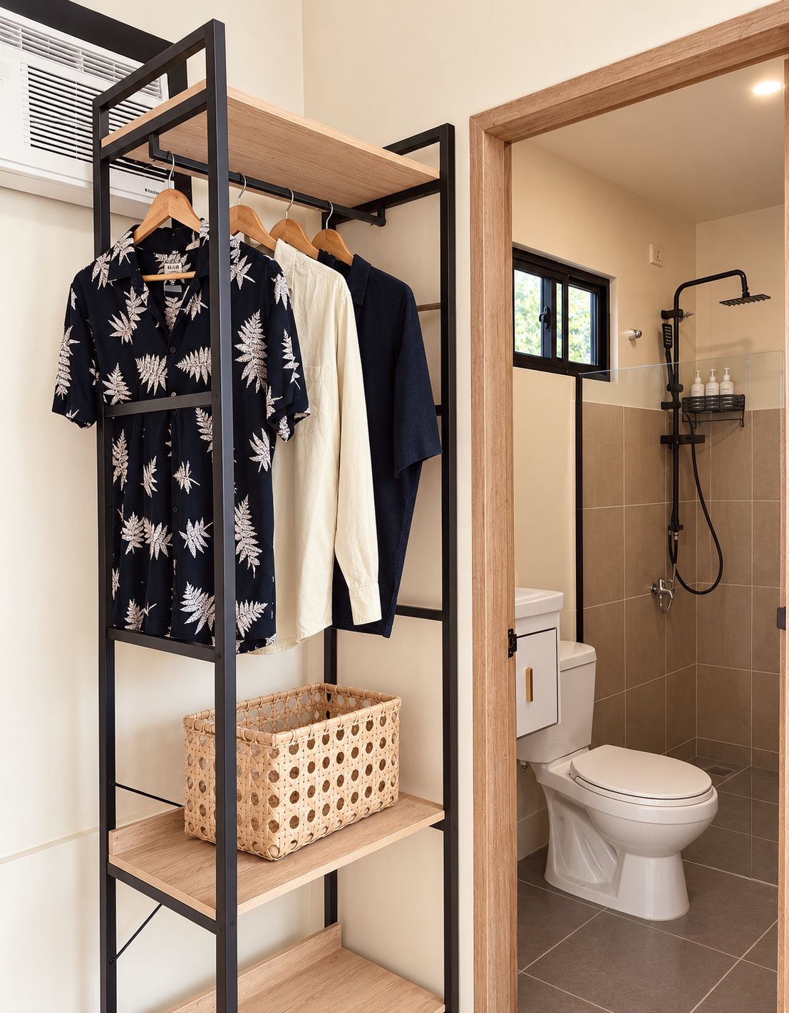 A bathroom with a shower, toilet, and a clothing rack with hangers.