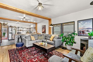 Smart TV, caminetto, libri, biblioteca musicale