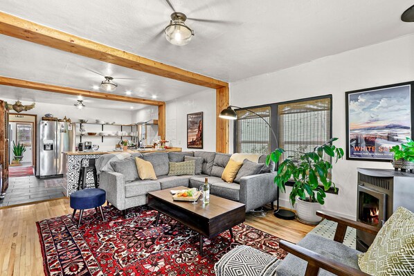 Smart TV, fireplace, books, music library