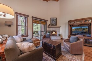 Smart TV, fireplace, DVD player, books