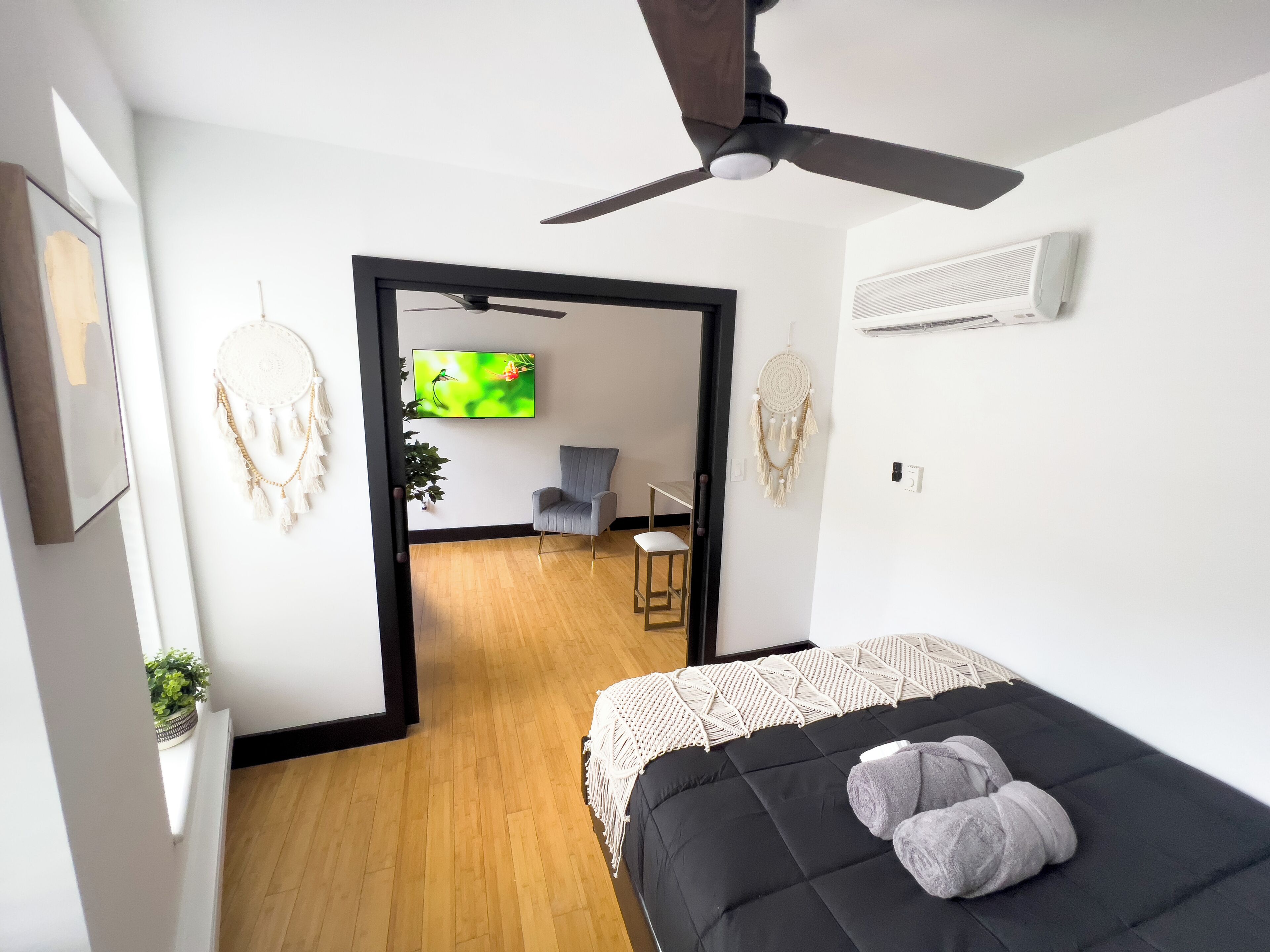 A modern bedroom with a bed, a ceiling fan, a TV, and a doorway leading to another room.