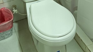A white toilet with a tank and seat, a pink trash bin, and a shower curtain in a bathroom. - Hotel Pasarela Cali (Cali)