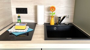 A kitchen with a black countertop, a sink, a vase with a flower, a bottle of soap, and a roll of paper towels.