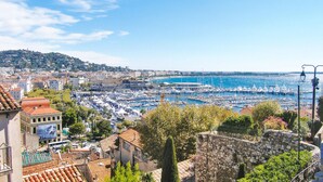 Un paysage urbain côtier avec une marina remplie de bateaux, des bâtiments historiques et un ciel bleu dégagé.