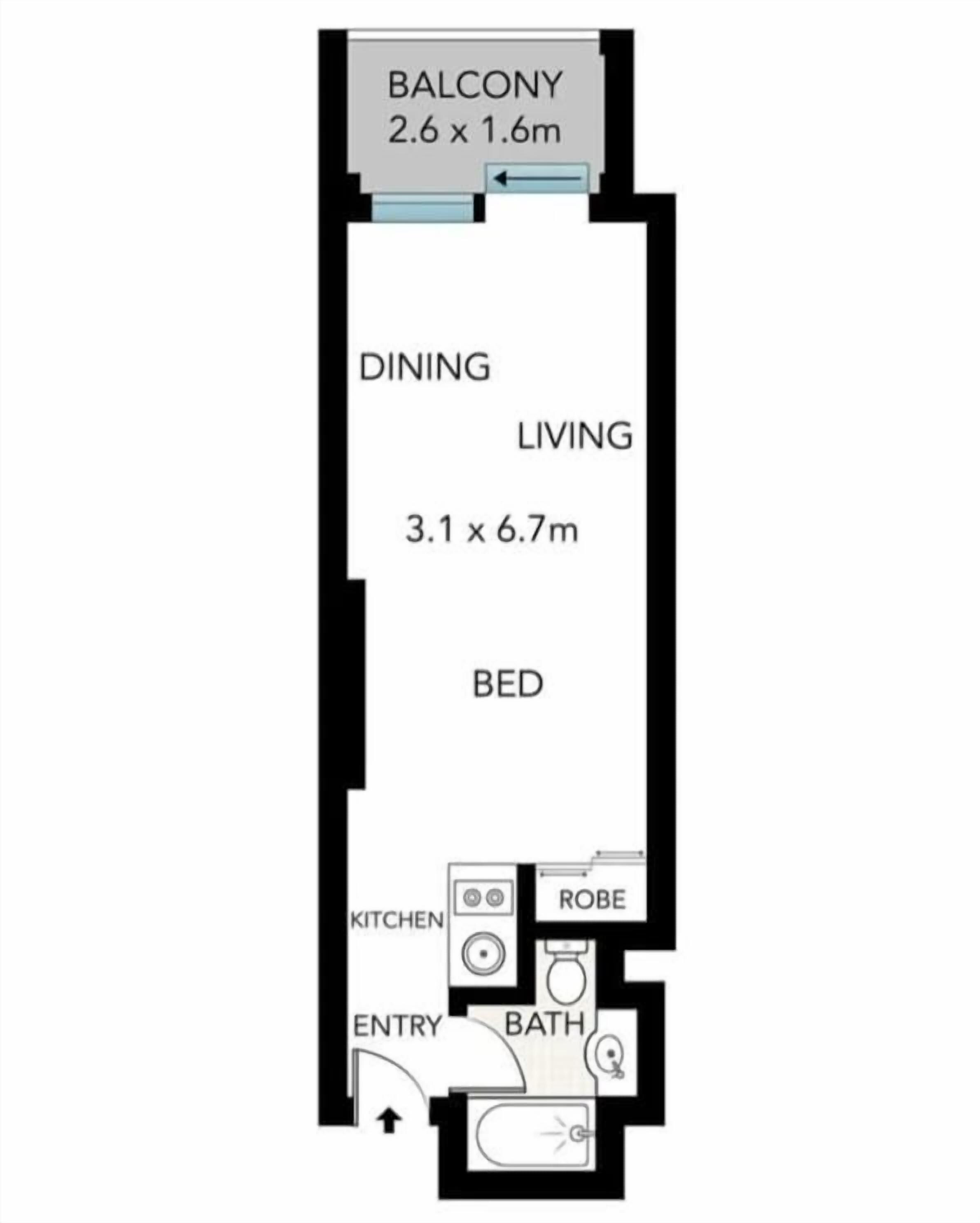 Plano de planta de una habitación de hotel con balcón, zona de comedor, salón y dormitorio.