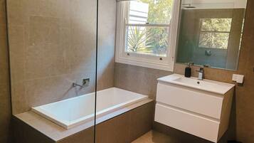 Hair dryer, towels, soap, shampoo