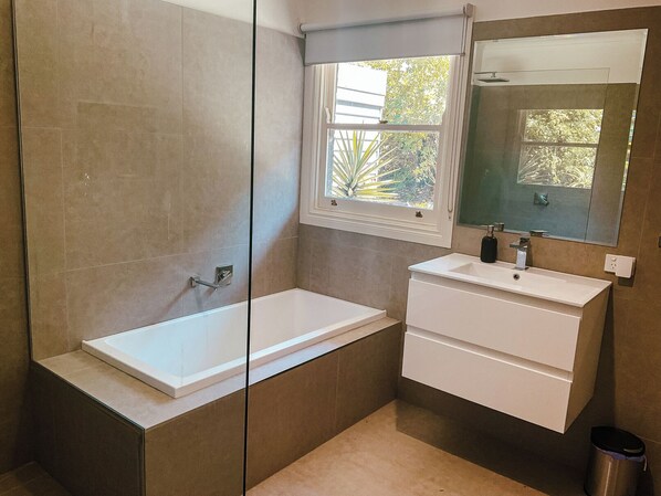 Hair dryer, towels, soap, shampoo