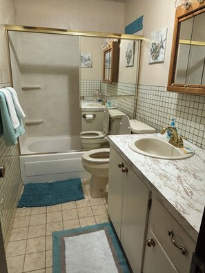 A bathroom with a bathtub, two toilets, a sink, and a mirror. - Murfreesboro Arkansas walking distance in town 1.9 miles to Crater of Diamond's (Murfreesboro)