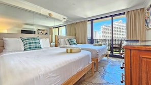 1 bedroom, desk, iron/ironing board, bed sheets