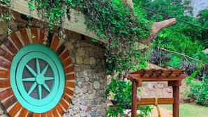 Een stenen muur met een groot rond raam, een houten pergola en een kleine tuin met rode bloemen.