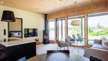 Televisión, chimenea, estéreo