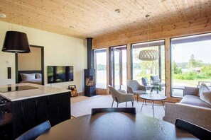 Télévision, cheminée, chaîne hi-fi